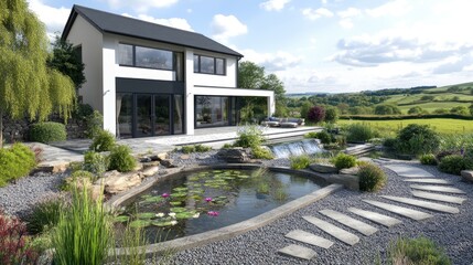 Modern House with Serene Pond and Waterfall Landscape