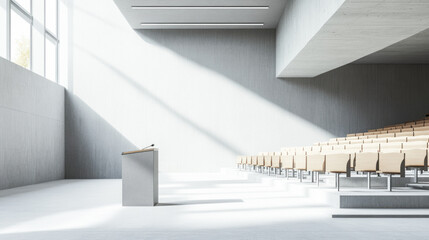 Obraz premium Modern minimalist lecture hall with wooden seating and concrete walls