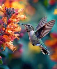 Fototapeta premium Hummingbird hovering near vibrant orange flowers in a lush garden during sunny daylight hours