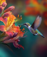 Obraz premium Hummingbird feeding on vibrant flowers in a colorful garden during daylight hours