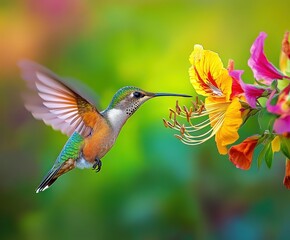 Hummingbird hovering near vibrant flowers in a garden during bright daylight