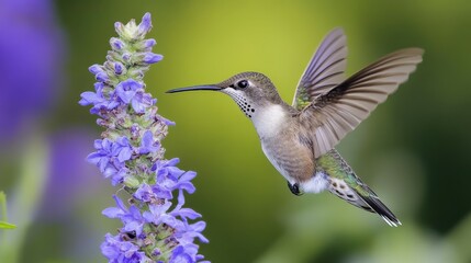 Fototapeta premium Hummingbird feeding on vibrant purple flowers in a lush garden during daylight hours