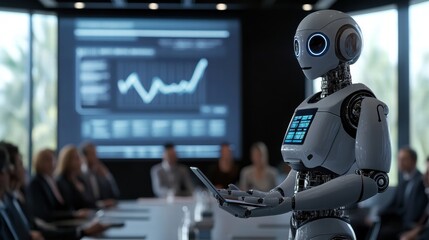 Advanced AI humanoid robot giving a business present.