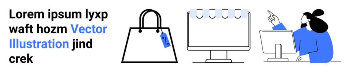 Handbag with price tag, desktop calendar, and woman working on computer. Ideal for ecommerce, online learning, scheduling, time management, productivity, digital marketing flat landing page banner