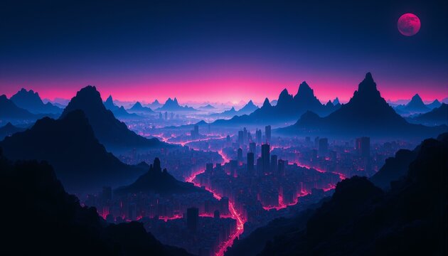 Vibrant neon lights illuminate a cityscape in shades of purple, blue, and green as night falls.