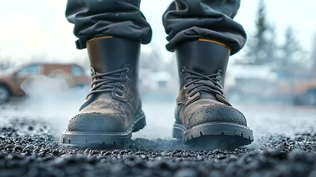 Asphalt being tamped down by a worker in close-up view