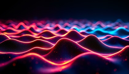 Neon-colored sound waves dance across a dark canvas, pulsating with an ethereal glow.