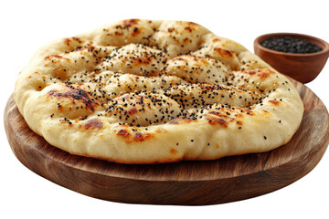 Delicious freshly baked flatbread with sesame seeds served on a wooden board