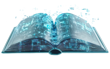 A High-Tech Book Featuring Advanced Holographic Displays and Digital Effects Isolated on transparent background PNG