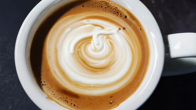 Captivating swirl of cream in coffee cup: mesmerizing art of brewing and pouring techniques in a delightful latte art creation
