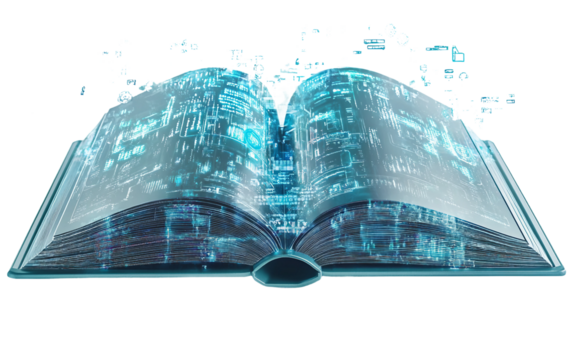 A High-Tech Book Featuring Advanced Holographic Displays and Digital Effects Isolated on transparent background PNG