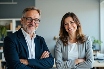 Confident Business Couple Smiling at Office, Professional Teamwork Success
