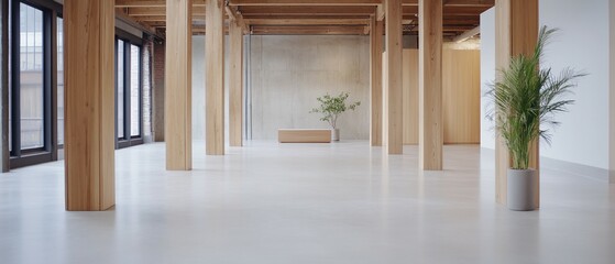 Fototapeta premium Modern wooden building interior, plants, light