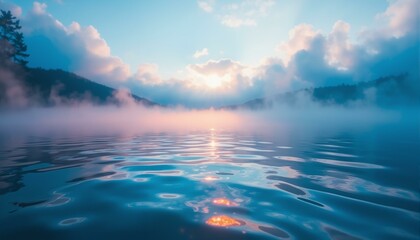 Obraz premium A tranquil lake scene with softly undulating mist and rippling water under morning sunlight.