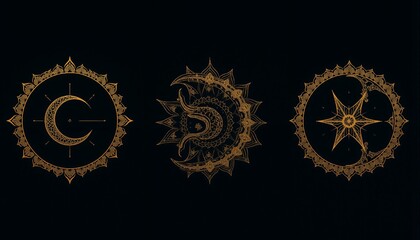Minimalist symbols for planets, stars, and moons rendered with intricate golden filigree against dark backgrounds.