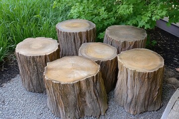 Naklejka premium Stacked tree trunks reveal nature's artistry with growth rings and rugged textures in a peaceful outdoor setting. Generative AI