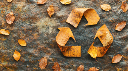 Autumn leaves forming a recycling symbol on rustic stone background