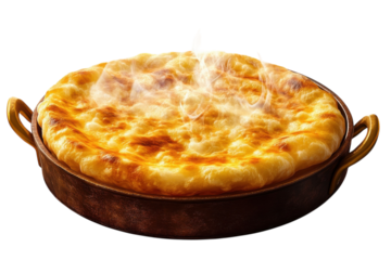 Freshly baked cheese pie served in a traditional dish with golden crust and steam rising in a rustic kitchen setting