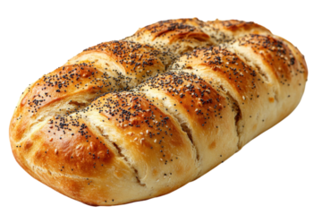 Freshly baked bread topped with poppy seeds on display at a bakery counter during morning hours