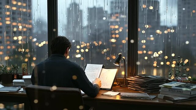 Caseworker at a desk reviewing files with city lights in the background
