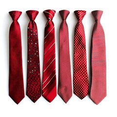 Collection red ties with various patterns, isolated on white background