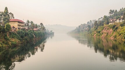 Fototapeta premium Misty River Valley with Houses Reflecting in Calm Water