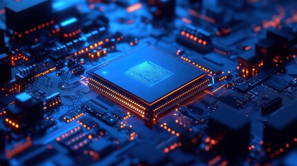 Fototapeta premium AI Processor Chip on Motherboard with Glowing Circuits