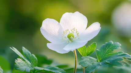 Fototapeta premium White anemone flower blooming in sunlit garden with lush green foliage