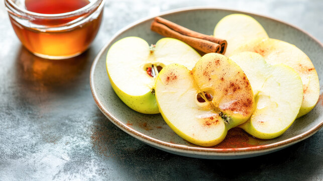 Fresh sliced apples with cinnamon and honey on rustic plate - Powered by Adobe