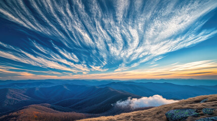 Dramatic cloudscape over serene mountain range at sunset