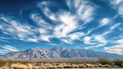 Dramatic cloud patterns over desert mountain range under clear blue sky