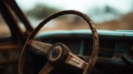 weathered steering wheel in a rusted classic car interior with worn dashboard nostalgic automotive feel concept of restoration, retro design