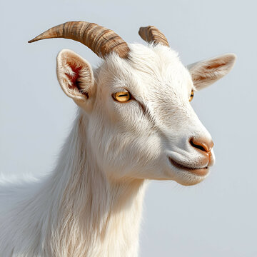 Charming White Goat Close-Up Portrait: Young Goat with Horns, Big Eyes, and Vibrant Fur