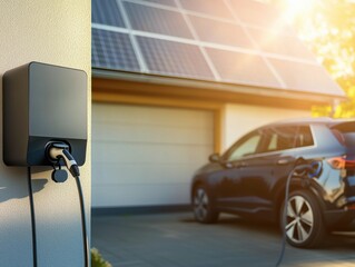 Close-up of a wall-mounted AC charger near a garage, charging EV and solar panels in the background, sunrise, Germany