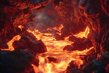 Glowing Lava River in Volcanic Cavern