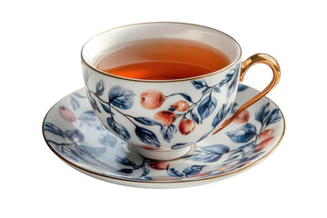 Fototapeta premium Elegant tea cup with floral design and warm tea on a saucer placed on a table during afternoon tea time