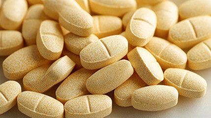 Close-up of yellow vitamin tablets in a clustered arrangement