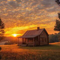 Cozy Log Cabin Surrounded by Nature at Sunset