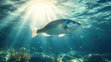 Fototapeta premium Sunlit fish underwater: vibrant marine scene with natural light beams