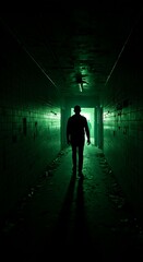 A woman stands in a dark and eerie hallway.
