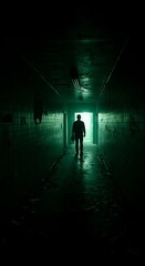A woman stands in a dark and eerie hallway.
