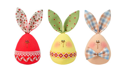 Collection of Easter decorations, rabbits eggs isolated on white background