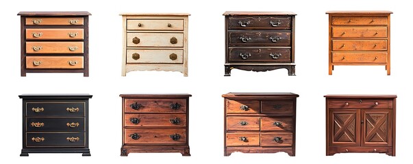 Collection vintage wooden dressers with drawers and antique finishes, isolated on white background