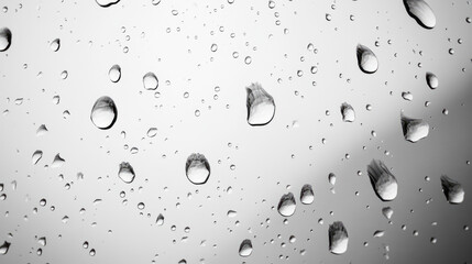Raindrops on a glass surface with reflection of gray sky