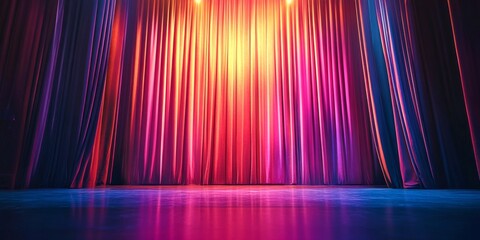 A beautiful stage with colorful curtains in shades of purple, red, and orange. Soft light shines through. Perfect for theater promotions and event presentations. Captivating visual appeal. AI