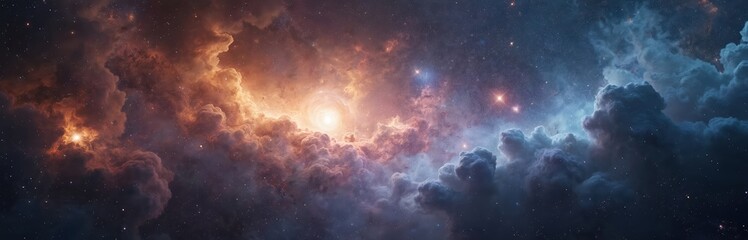 Fototapeta premium Panoramic view of cosmos with celestial clouds. Starry sky galactic wallpaper. Universe background with nebulae, cosmic dust, starlight. Astronomy, astrophysics, science themes. Celestial dance of