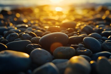 Obraz premium Zenith Serenity: Smooth Beach Stones Bathed in Glimmering Twilight Radiance