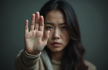 Asian woman expresses restriction with her hand, showing stop gesture. Young female in denial with restriction concept, mental health, domestic violence, abuse awareness in gloomy tone.