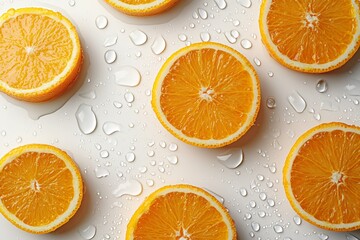 Refreshing orange slices on wet surface food photography natural light close-up view vibrant colors for culinary inspiration