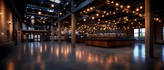 Loft event space with bar, exposed beams, and city view